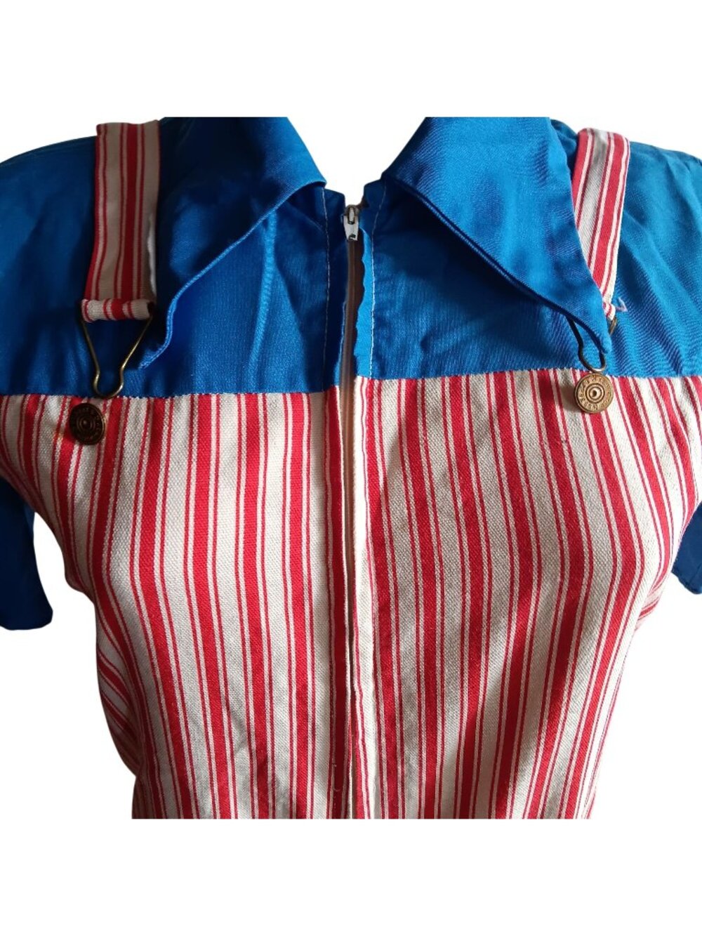 Small Vintage Romper 1970's 1OF1 Blue Red Striped Cotton Blend Womens Handmade